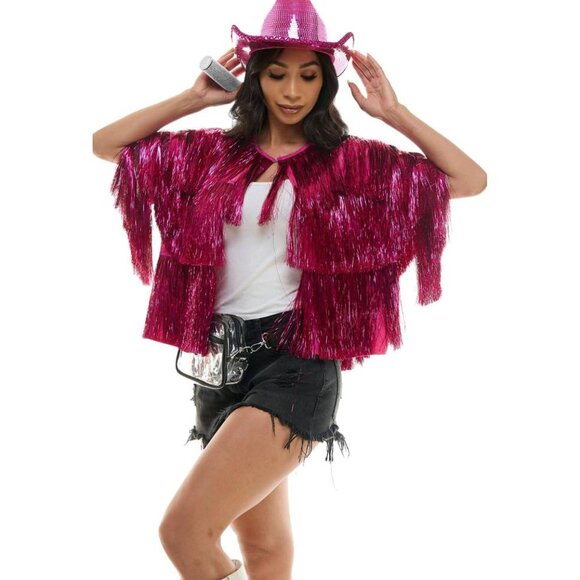 Hot Pink Tinsel Fringe Barbie Cosplay Halloween KPOP NYE Jacket Size L/XL NIP - Picture 5 of 6